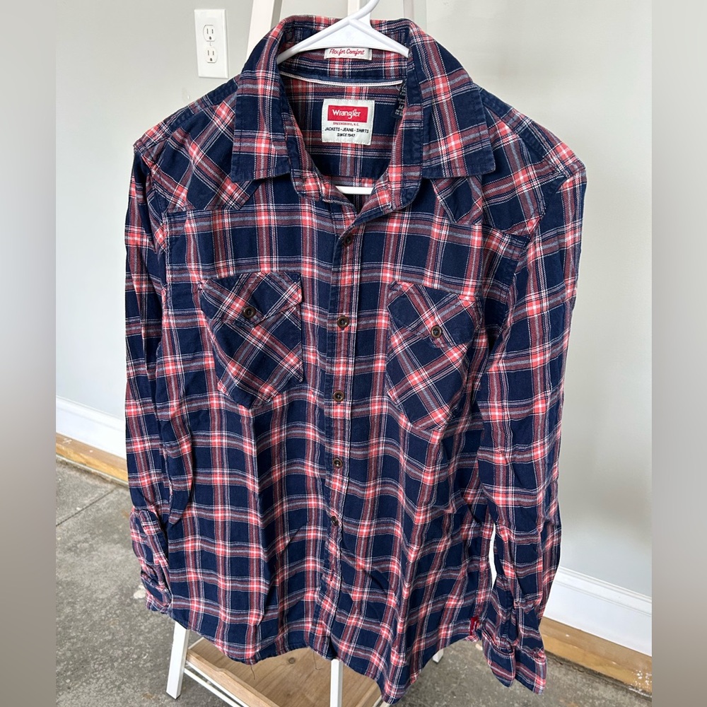 Wrangler Men's Navy and Orange Plaid Button Down Shirt